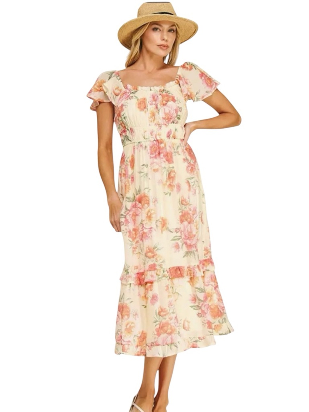 Luxology Cream Floral Midi Dress with Pink & Peach Blooms NWT Size L